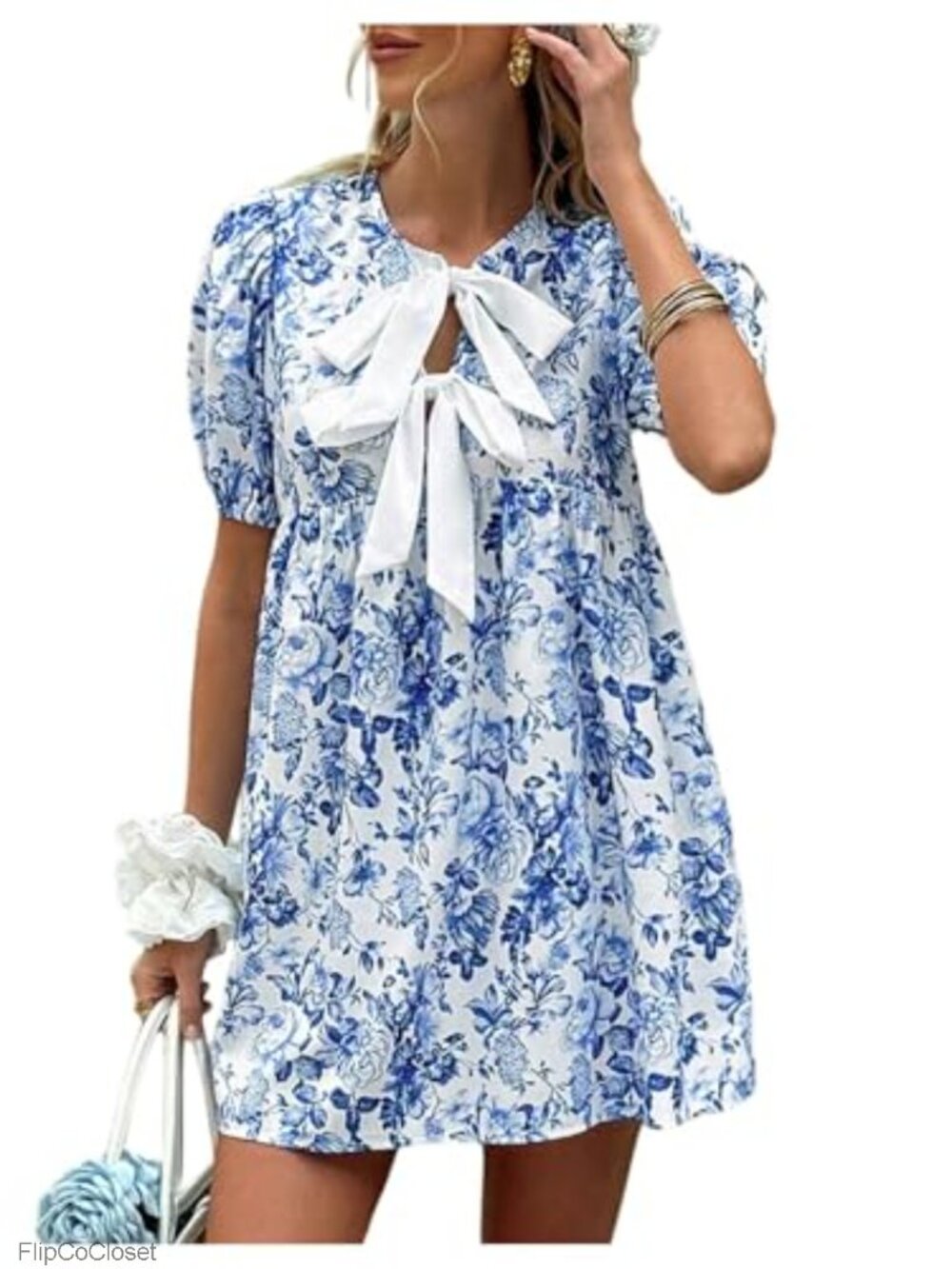Floral Mini Dress Bow Tie Front Puff Short Sleeve Babydoll Flowy Summer Dress